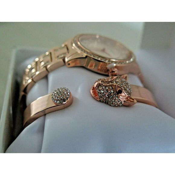 Jessica Simpson JSB8002RG Rose Gold Watch w/ Panther/Tiger Bracelet Crystal Pave - Picture 11 of 12